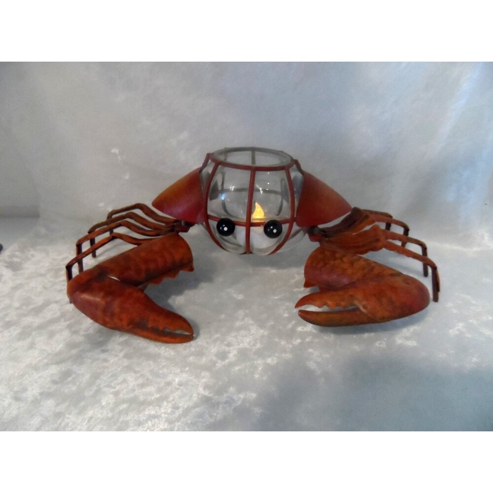 Metal Dungeness Crab Tea Light Holder W/ Glass Candle Chamber Nautical Décor
